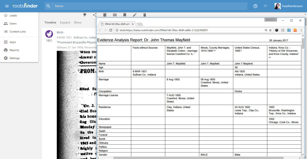 The Evidence Analysis report is very helpful for evidence-based genealogy