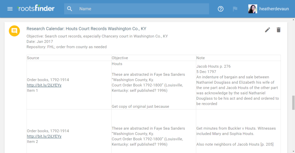 Research calendars help you remember where you left off when you start family history research