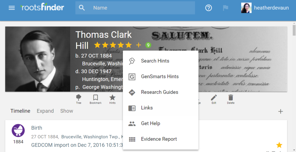 RootsFinder Updates include research hints make researching your free family tree easier